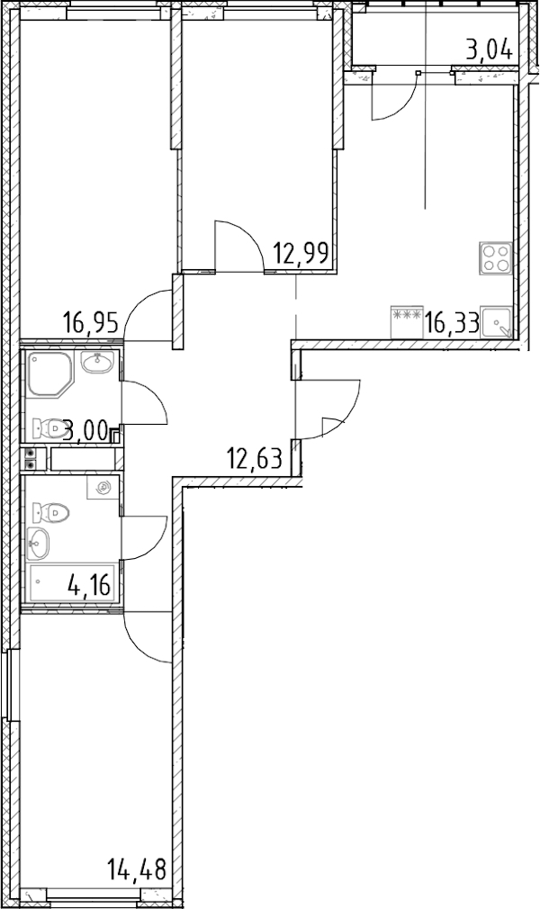 3-комнатная квартира 80.54 м², 11/23 эт., ЖК «Город Первых»